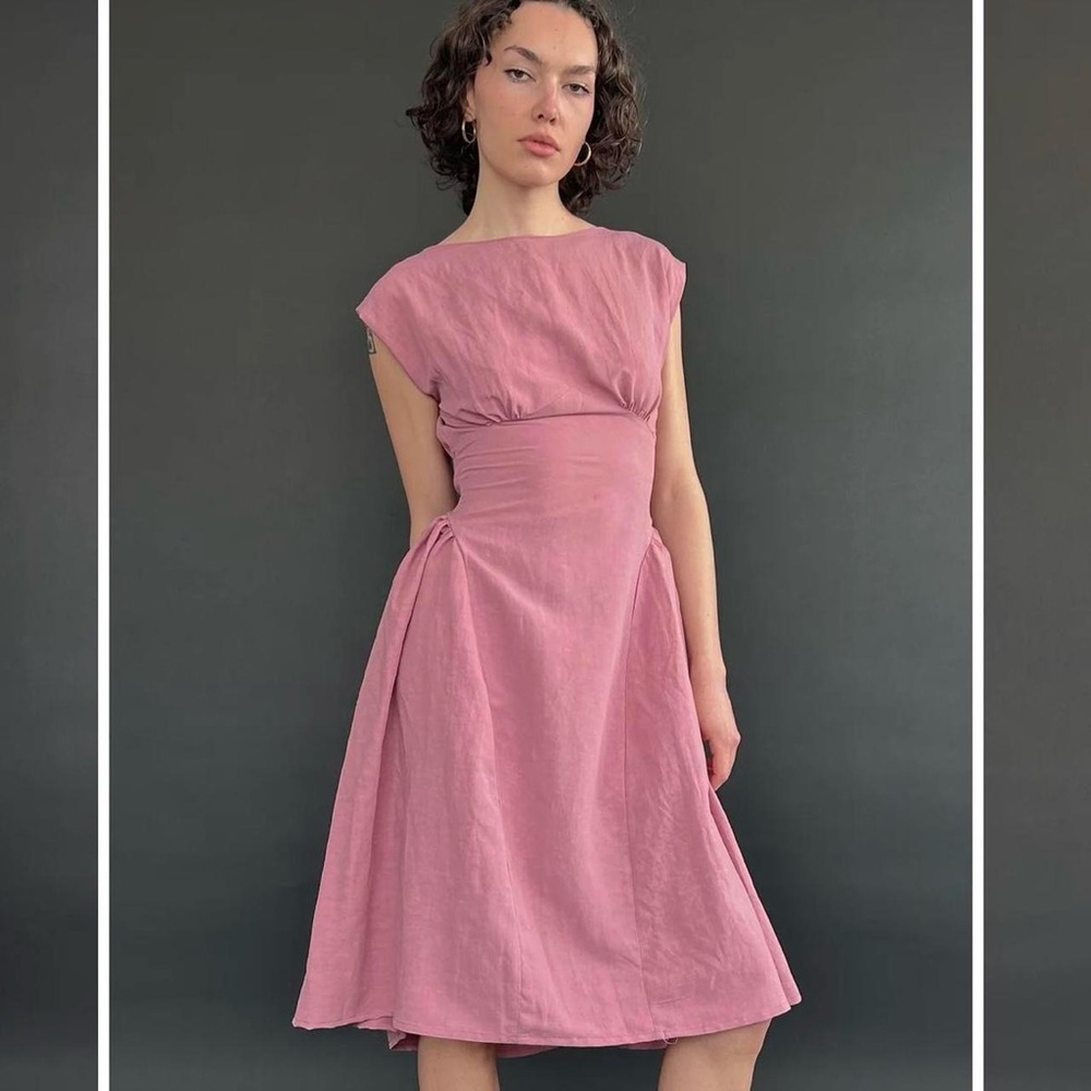 Women's Dusty Rose Midi Dress - Elegant Gathered Waist